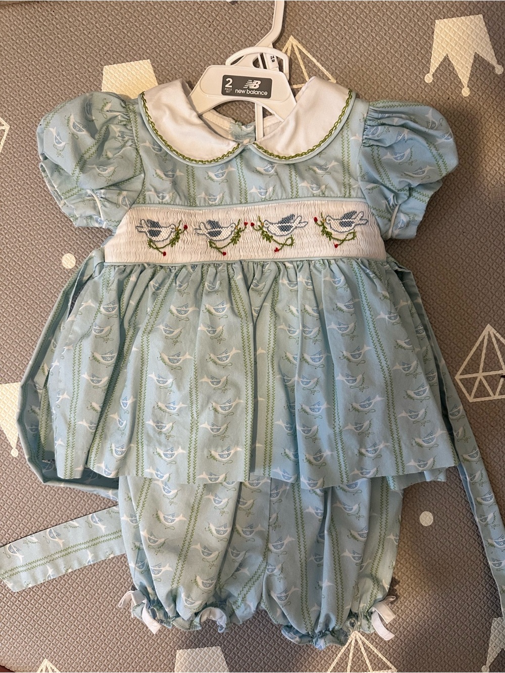 Light Blue Smocked Bird Bubble Dress Set